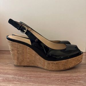 Stuart Weitzman Riveria Black Patent Leather Peep Toe Cork Wedge Shoes